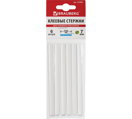 Клеевые стержни, диаметр 7 мм, длина 100 мм, прозрачные, комплект 6 шт. BRAUBERG 670291