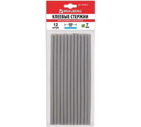 Клеевые стержни, диаметр 7 мм, длина 200 мм, серебристые, комплект 12 шт. BRAUBERG 670312