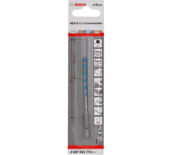Сверло универсальное HEX-9 Multi Construction (4x45x90 мм) Bosch 2607002774