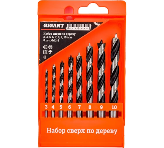 Набор сверл по дереву 3-4-5-6-7-8-9-10 мм, 8 шт, пластиковый кейс Gigant Gdd-8