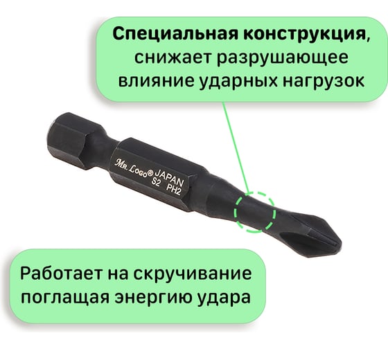 Бита для шуруповерта магнитная торсионная PH2, 50 мм, S2, (блистер), 10 шт Mr.Logo A050P2T-10