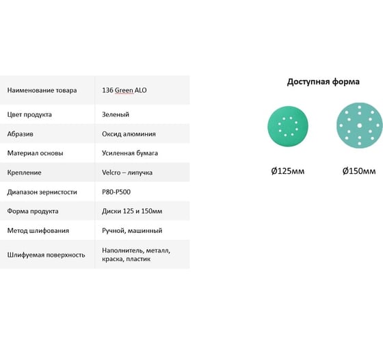 Диск шлифовальный на бумажной основе 137 Green Alo P240, 125 мм, 8 отверстий, 10 шт SANDWOX 137.125.240.08-10