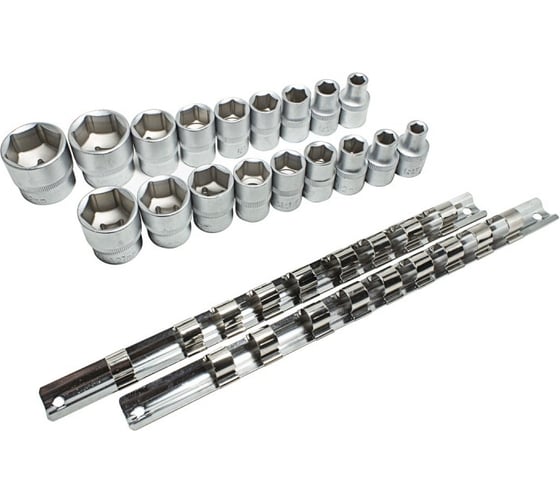 Набор головок 18 предметов 1/2" DR, 6-гранных (8-19, 21, 22, 24, 27, 30, 32 мм, на металлической планке) KingTul KT-3029