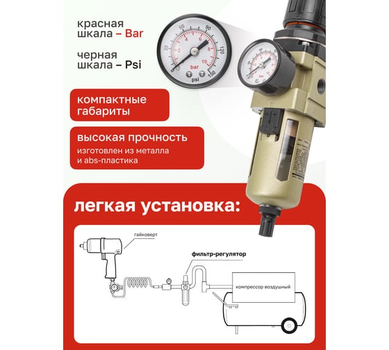Фильтр-регулятор с индикатором давления для пневмосистем 1/4", 10 Мк, 2000 л/мин, 0-10 bar, рабочая температура 5-60° Forsage F-AW3000-02