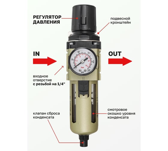 Фильтр-регулятор с индикатором давления для пневмосистем 1/4", автоматический слив, 10 Мк, 2000 л/мин, 0-10 bar, рабочая температура 5-60° Forsage F-AW3000-02D(54455)