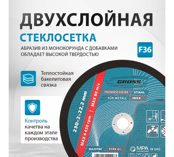 Круг отрезной по металлу 230х2х22,2 мм GROSS 74389