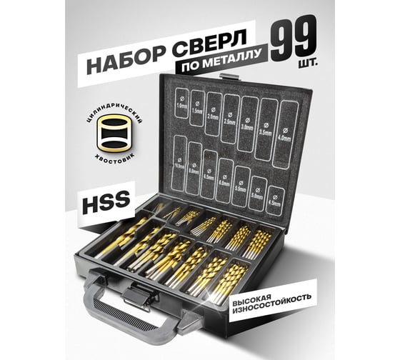 Набор сверл по металлу Rockforce HSS, 99пр. 1,1.5,2,2.5,3,3.5,4мм по 10шт; 4.5,5,5.5,6,6.5мм по 5шт; 8,10мм по 2шт ,в кейсе RF-924U99(49386)