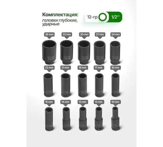 Набор головок ударных глубоких 15 предметов, 1/2" DR, в кейсе Rockforce RF-4166D-9MPB(52992)