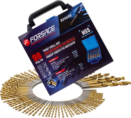 Набор сверл по металлу 99 предметов, HSS (1, 1.5, 2, 2.5, 3, 3.5, 4 мм по 10 шт; 4.5, 5, 5.5, 6, 6.5 мм по 5 шт; 8, 10 мм по 2 шт, в кейсе) Forsage F-924U99(49101)