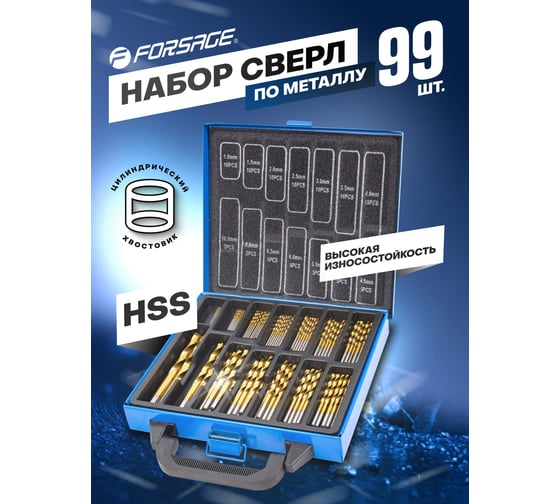 Набор сверл по металлу 99 предметов, HSS (1, 1.5, 2, 2.5, 3, 3.5, 4 мм по 10 шт; 4.5, 5, 5.5, 6, 6.5 мм по 5 шт; 8, 10 мм по 2 шт, в кейсе) Forsage F-924U99(49101)
