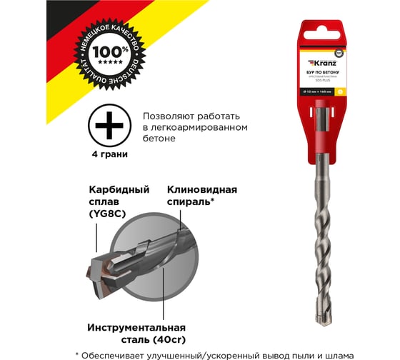 Бур по бетону 12x160x100 мм, крестовая пластина, SDS-plus KRANZ KR-91-0821