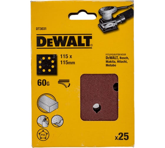 Лист шлифовальный перфорированный (25 шт; 115х115 мм; 60G) DEWALT DT3031
