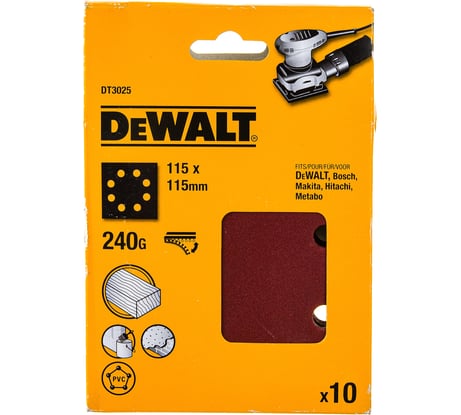 Лист шлифовальный перфорированный (10 шт; 115х115 мм; 240G) DEWALT DT3025