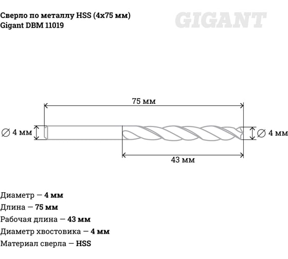 Сверло по металлу HSS (4x75 мм) Gigant DBM 11019
