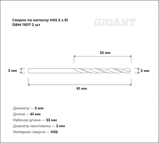 Сверло по металлу HSS (2 шт; 3x61 мм) Gigant DBM 11017