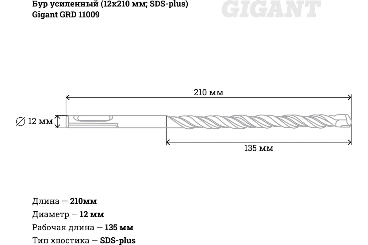 Бур усиленный SDS-plus (12х210 мм) Gigant GRD 11009 - выгодная цена ...