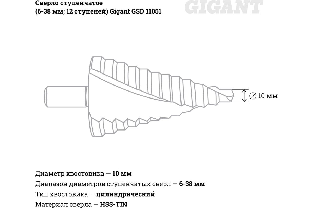 Сверло ступенчатое (6-38 мм; 12 ступеней) Gigant GSD 11051 - выгодная цена,  отзывы, характеристики, фото - купить в Москве и РФ