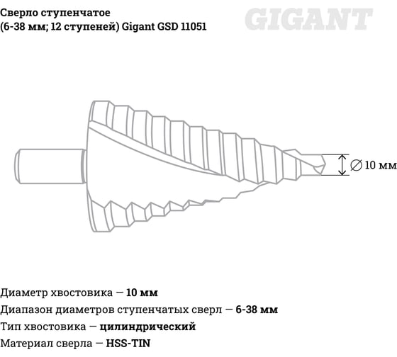 Сверло ступенчатое (6-38 мм; 12 ступеней) Gigant GSD 11051 - выгодная ...