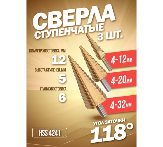 Набор сверл ступенчатых 3 шт, 4-12 мм, 4-20 мм, 4-32 мм, в блистере Forsage F-44730B(51929)