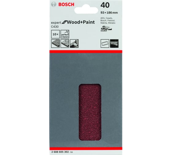 Набор шлифовальных листов C430 Expert for Wood and Paint (10 шт; 93x186 мм; K40) Bosch 2608605302