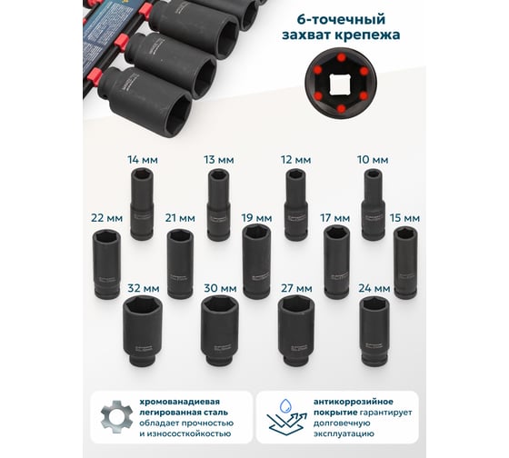 Набор головок ударных глубоких 13 предметов, 1/2'' (10, 12-15, 17, 19, 21, 22, 24, 27, 30, 32мм), на пластиковом держателе iLOFORCE IF-4137MPB(54750)