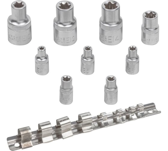 Набор головок E-профиль 9 предметов, 1/4" DR, 1/2" DR (E4, 5, 6, 7, 8, 10, 12, 14, 16) на металлической планке BaumAuto BM-4098(54777)