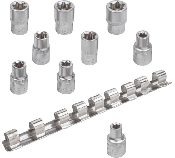 Набор головок E-профиль 9 предметов, 1/2" DR (E10, 11, 12, 14, 16, 18, 20, 22, 24) на металлической планке BaumAuto BM-4098(54776)