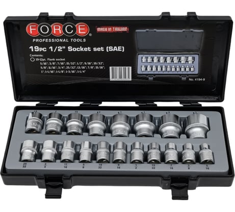 Набор 12 гранных дюймовых головок, 1/2", 19 шт. FORCE 4194-9