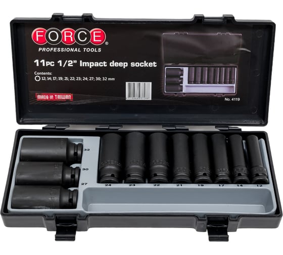 Набор ударных шестигранных головок 1/2", L=85 мм, 11 шт. FORCE 4119 1
