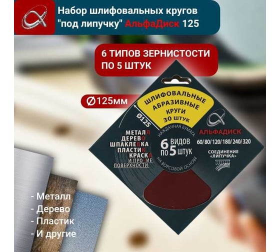 Набор шлифовальных кругов на липучке разной зернистости 30 шт Альфадиск 5382