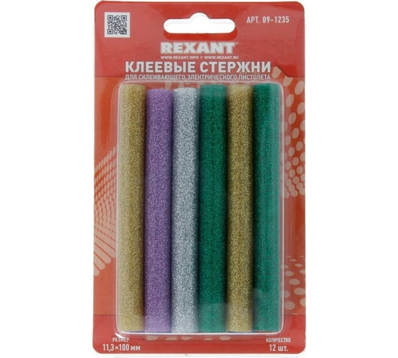 Клеевые стержни d=11,3 мм, L=100 мм, цветные с блестками, 12 шт. блистер Rexant 09-1235