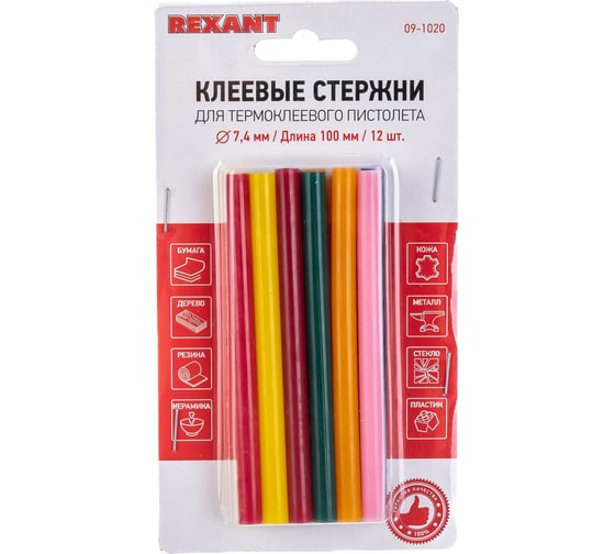 Клеевые стержни d=7,4 мм, L=100 мм, цветные, 12 шт. блистер Rexant 09-1020