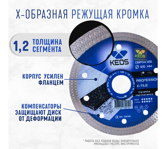 Диск алмазный по керамограниту Turbo Professional (125х22.23 мм) сплошной 1.2мм KEOS DBP04.125