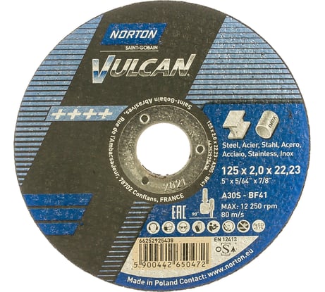 Круг отрезной по нержавейке/металлу NV 41 (125x2x22.23 мм; 80 м/сек) Norton 66252925438