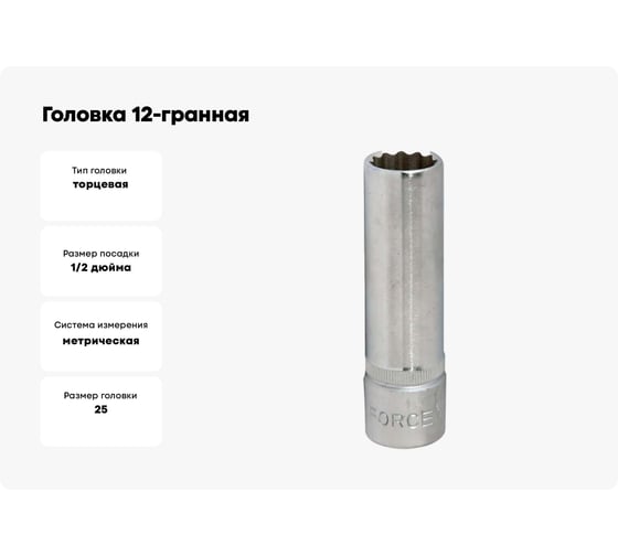 Головка 1/2", 12-гранная, 25 мм, L=77 мм FORCE 5497725