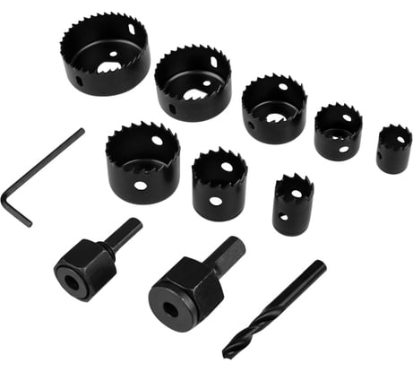 Набор коронок по дереву 19, 22, 28, 32, 38, 44, 54, 64 мм, 2 держателя с ключом KRANZ KR-92-0251