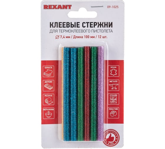 Клеевые стержни (d=7,4 мм, L=100 мм, цветные с блестками, 12 шт.) Rexant 09-1025