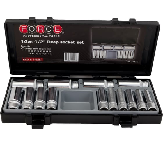 Набор длинных головок 12-ти гранных, 1/2", 77 мм, 14 шт. FORCE 4143-9