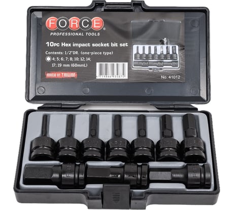 Набор ударных головок-бит шестигранников 1/2", 60 мм, 10 шт. FORCE 41012