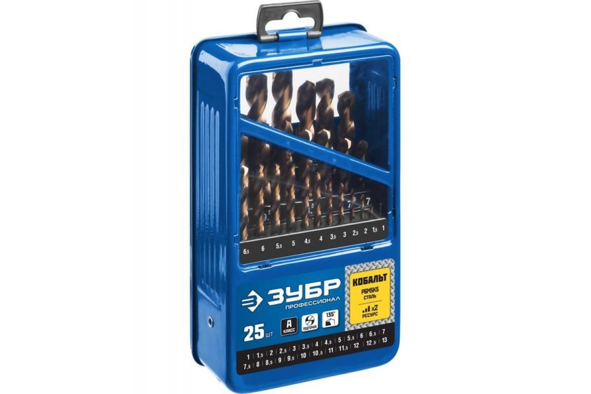 Набор сверл по металлу ЗУБР Кобальт 25 шт, 1-13 мм, сталь Р6М5К5 29626 ...