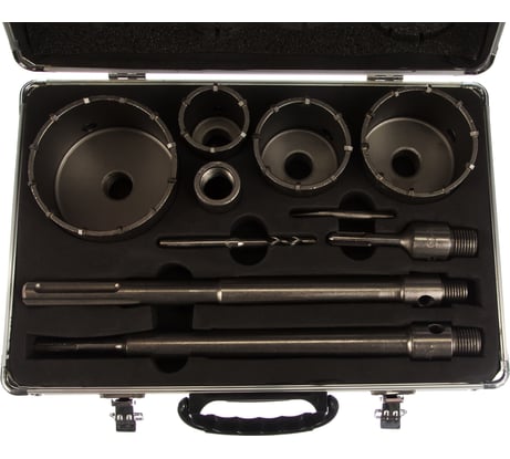 Набор коронок с оснасткой по бетону ЗУБР Профессионал 33, 50, 68, 82, 100 мм, кейс, 10 предметов 29185-H10