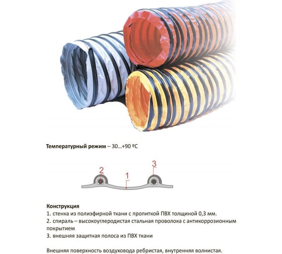 Воздуховод полиэфирный усиленный PVC-F-300-H-254/10 254 мм, 10 м TEX FH-300-254/10