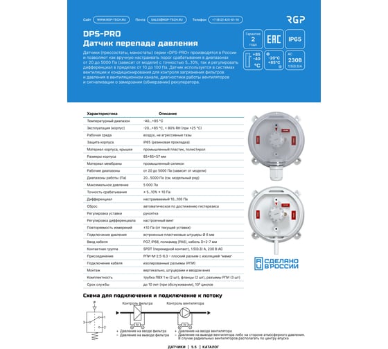 Датчик перепада давления Завод RGP 20-200 Па (IP65, точность 5%, регулировка) DPS-200-PRO