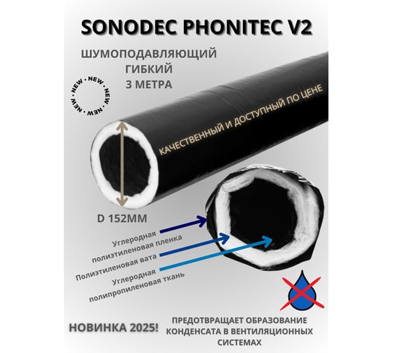 Гибкий воздуховод DEC Sono PhonitecV2 (Carbon Ecosoft) звукоизолированный, утепленный слоем полиэтиленовой ваты (PET) 20 мм, 152 мм, 3 м 152 x 3