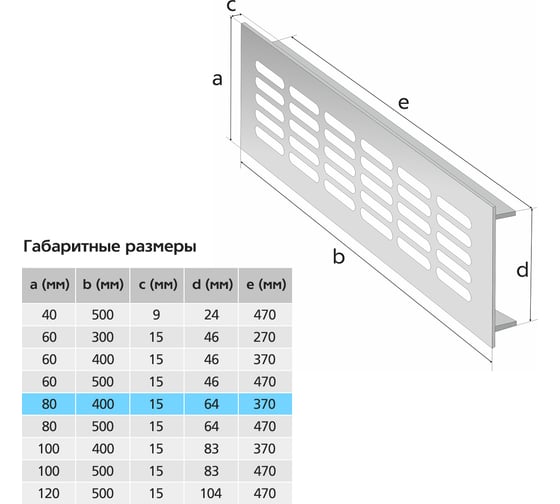Вентиляционная решетка 80x400 мм, матовый металл Благовест 21-0002-725