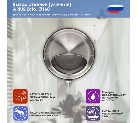 Выход стенной уличный из нержавеющей стали решетка с козырьком, круглый, диаметр фланца 160 мм, с антимоскитной защитной стальной сеткой, ecto-160 ARIUS 135266