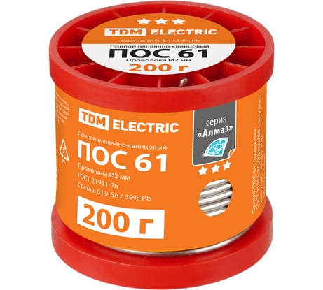 Припой ПОС 61, проволока, ГОСТ 21931-76, 2 мм, 200 г, катушка, инд. упак., "Алмаз" TDM ELECTRIC SQ1025-1808