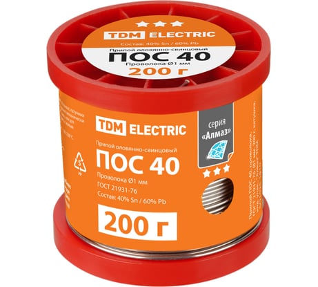 Припой TDM ELECTRIC ПОС 40, проволока 200 г, катушка, индуальна упаковка, серия Алмаз SQ1025-1810