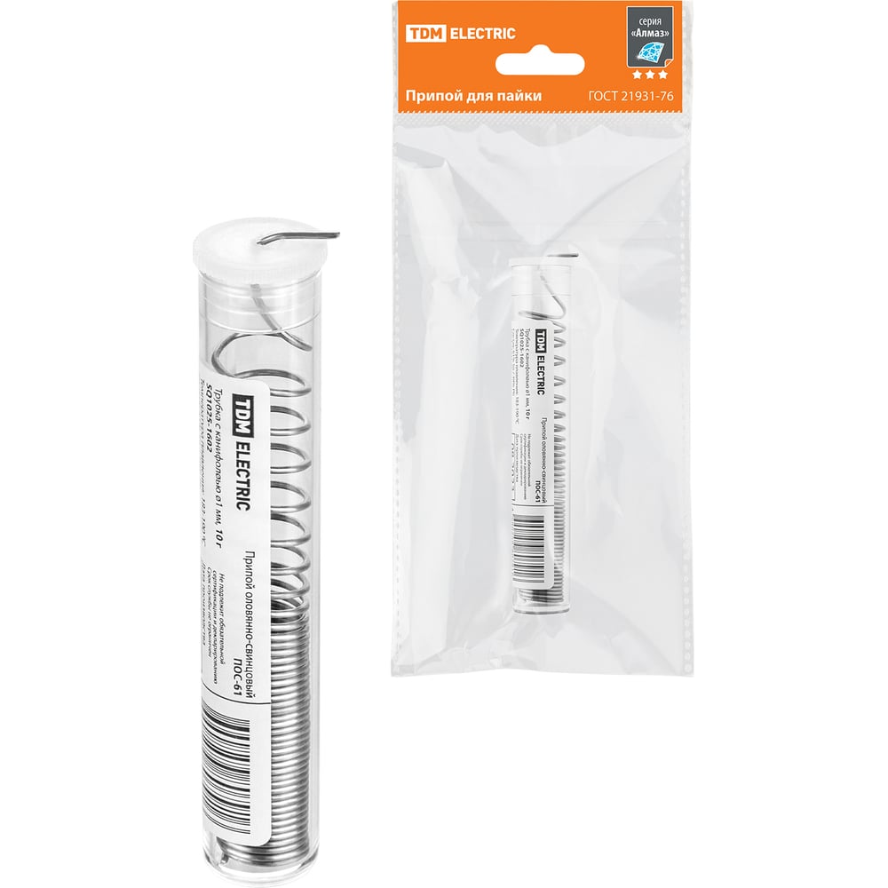 Припой ПОС 61, трубка с канифолью, ГОСТ 21931-76, 1 мм, 10 г, колба ...