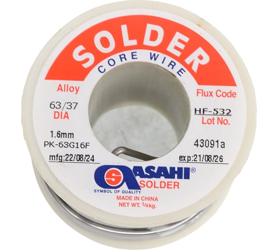 Припой (1.6 мм, 0.25 кг, Sn63/Pb37, HF532, флюс безотм. RMA) ASAHI 00-00001437 1